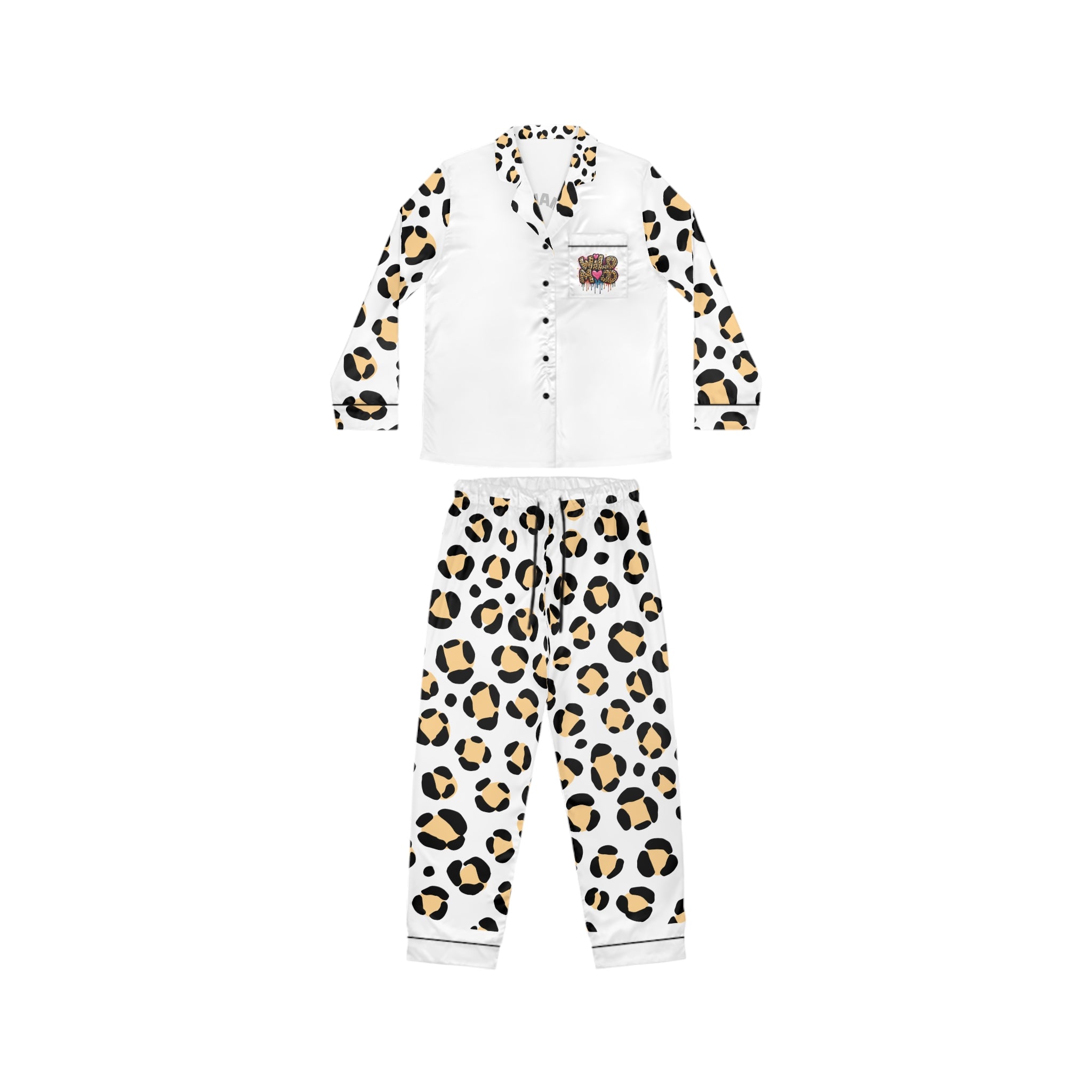Women’s Satin Pajama Set — White Leopard Print ‘Kiss Me’ Top & Matching Pants