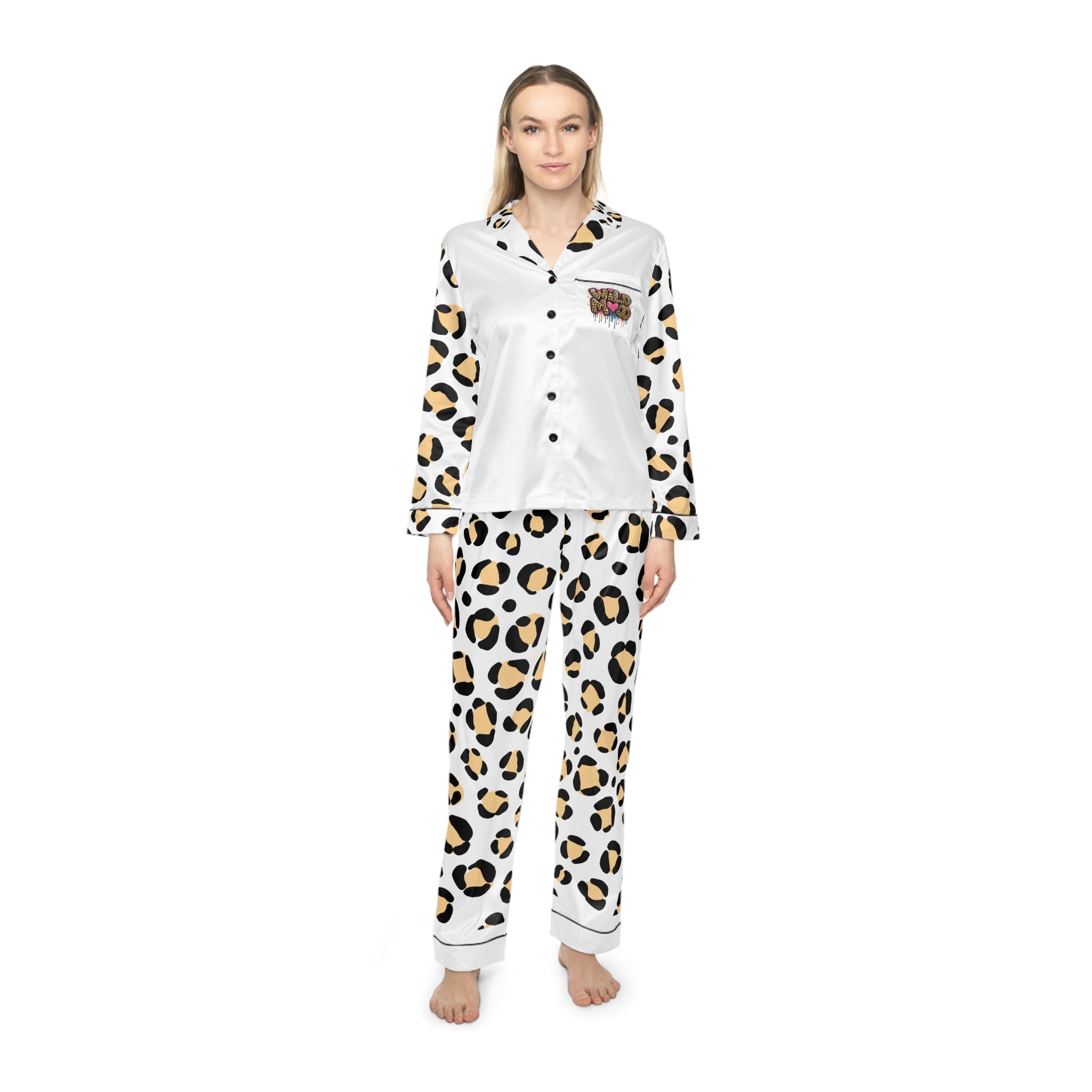 Women’s Satin Pajama Set — White Leopard Print ‘Kiss Me’ Top & Matching Pants